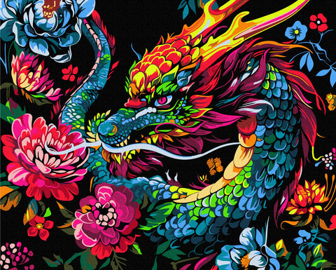 Malowanie po numerach na czarnym płótnie Smok w kwiatach (BSB0018)