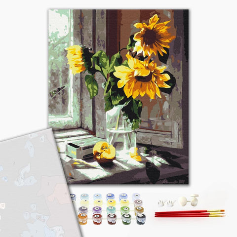 Premium malowanie po numerach Bukiet słonecznika na oknie (PBS51954)