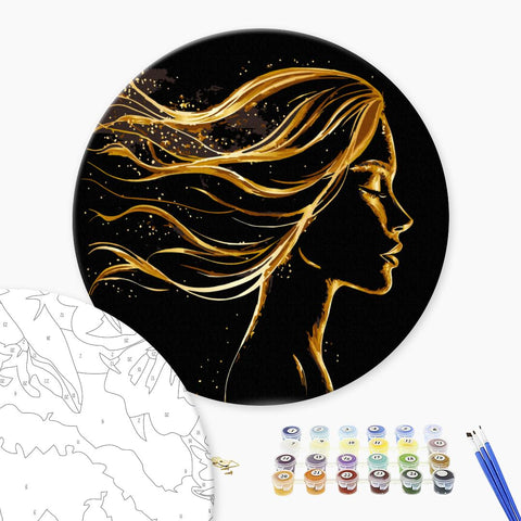 Okrągłe malowanie po numerach na czarnym płótnie Złoty kobiecy wizerunek (rozmiar L) (RCB00122L)