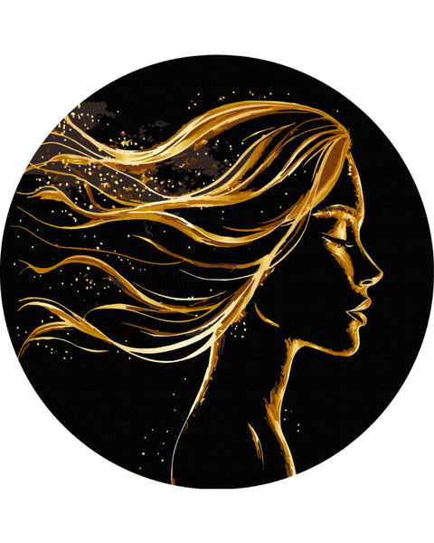 Okrągłe malowanie po numerach na czarnym płótnie Złoty kobiecy wizerunek (rozmiar L) (RCB00122L)