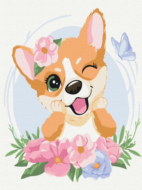 Malowanie po numerach Corgi w kwiatach (KBS7103)