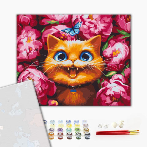 Premium malowanie po numerach Miauczenie w piwoniach ©Marianna Pashchuk (PBS53696)