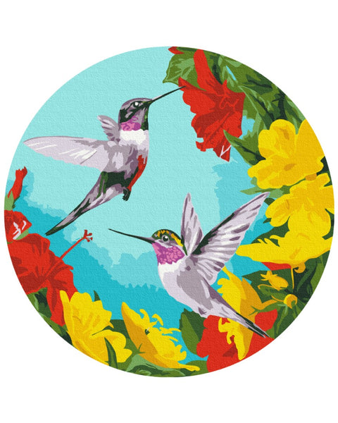 Okrągłe malowanie po numerach Kolibry w kwiatach (Rozmiar M) (RC0001M)